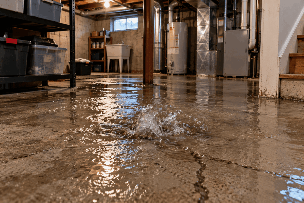 water coming up through basement floor after heavy rain
