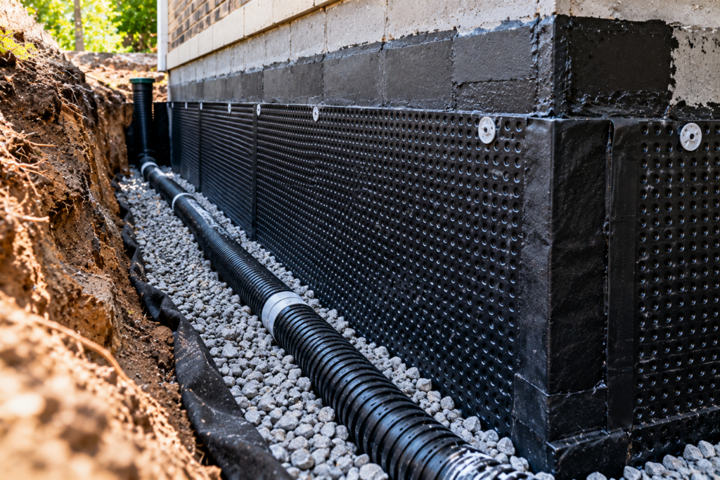 Waterproofing membrane and new weeping tile on an excavated foundation