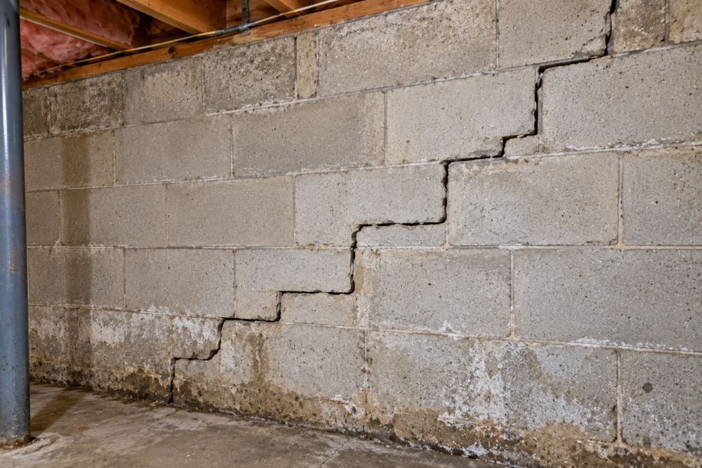 Stair-step crack in a concrete block basement wall