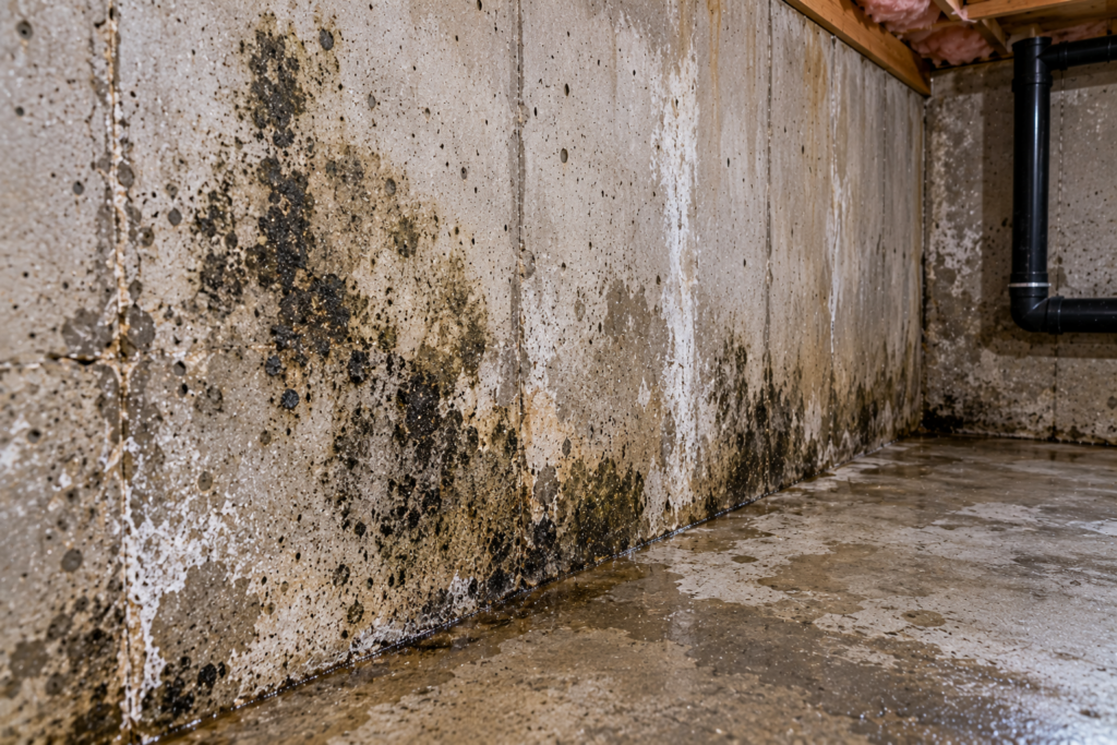 Mold on a damp concrete basement wall