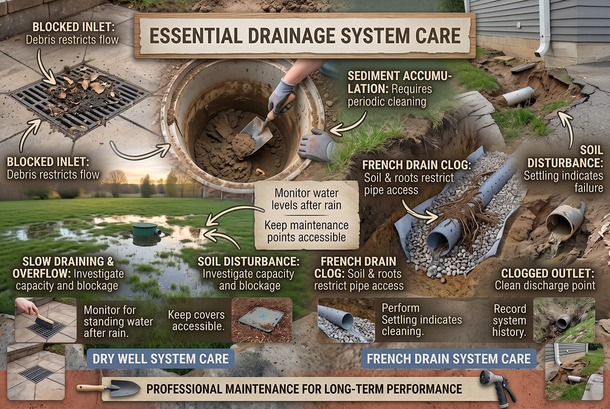 French drain to a dry well beneath a landscaped yard