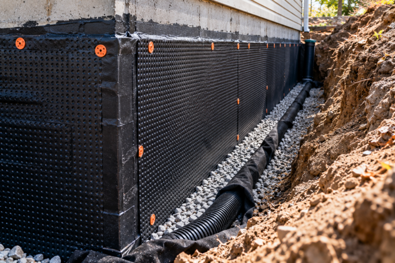 Exterior waterproofing membrane on an excavated foundation wall