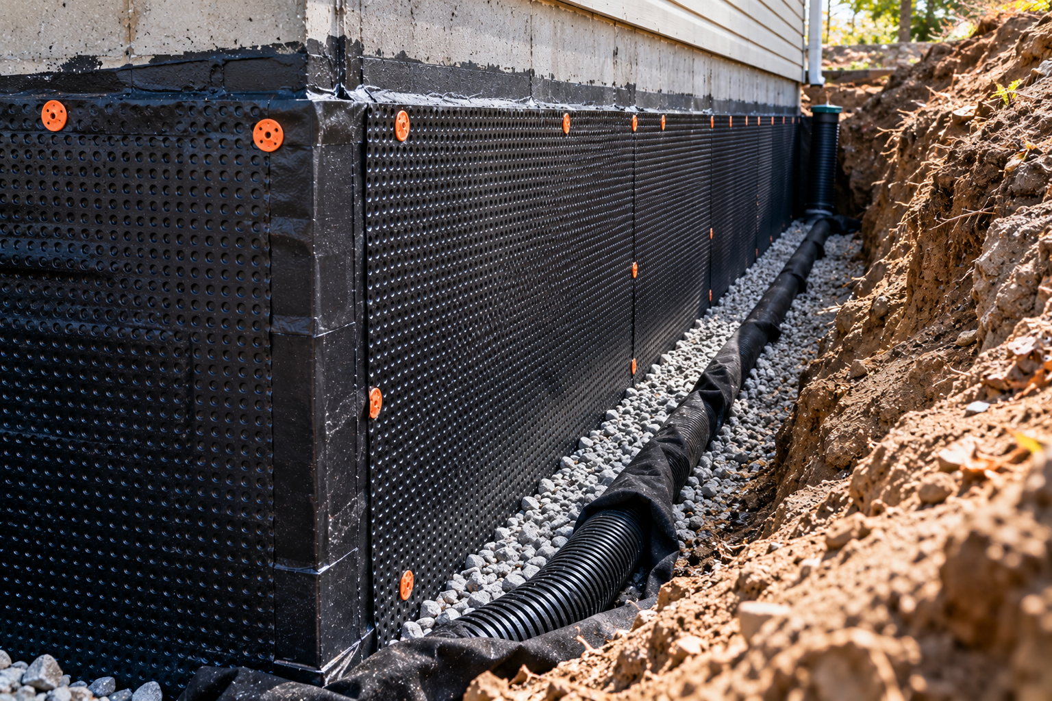 Exterior waterproofing membrane on an excavated foundation wall