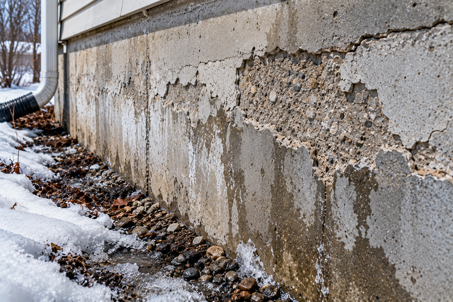 Flaking concrete surface on a foundation wall after winter
